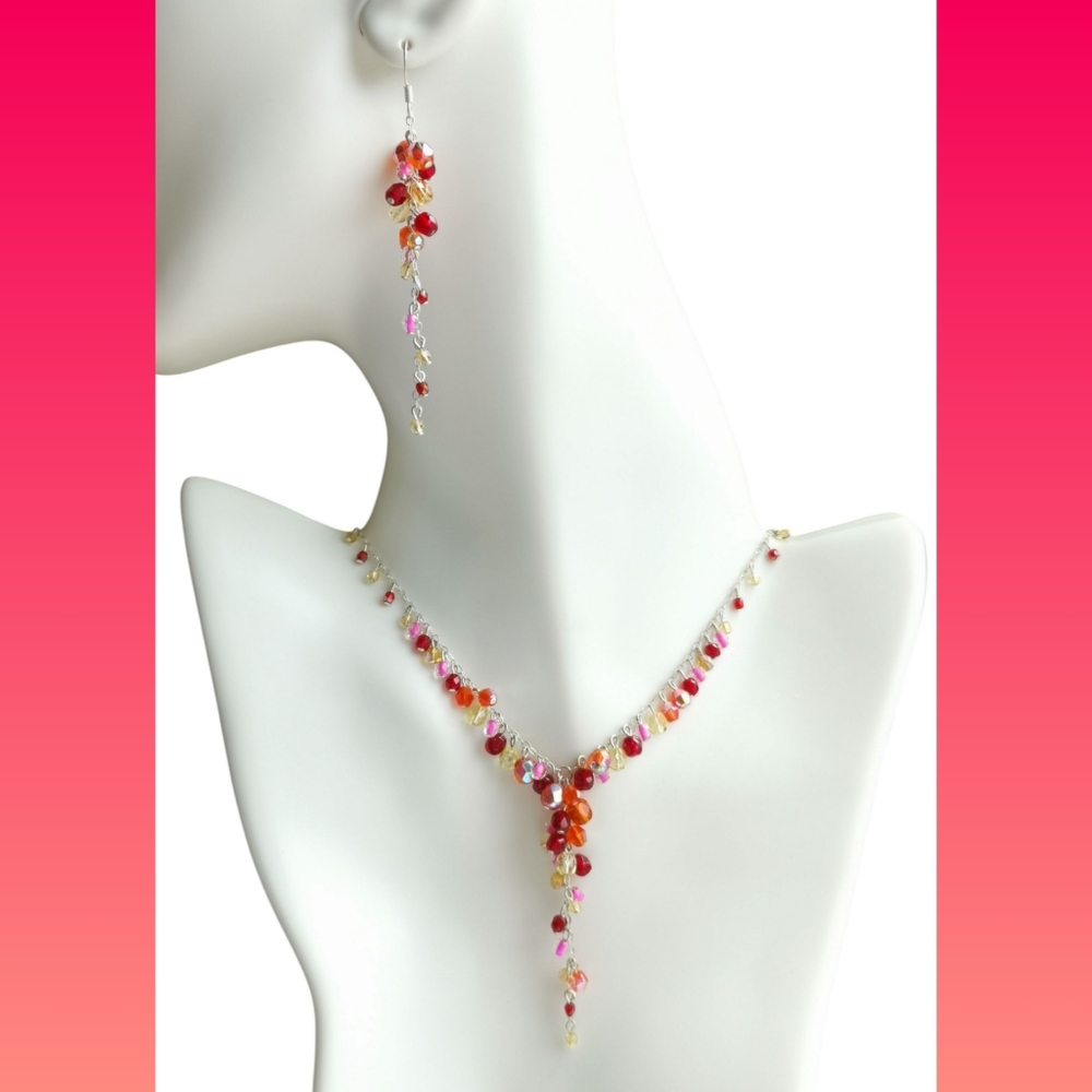 Vintage Czech Red Beaded Necklace and Earrings Set